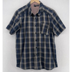 OAKLEY Shirt Mens L Gingham Check Camp Button Up Cotton Blend Blue Gray